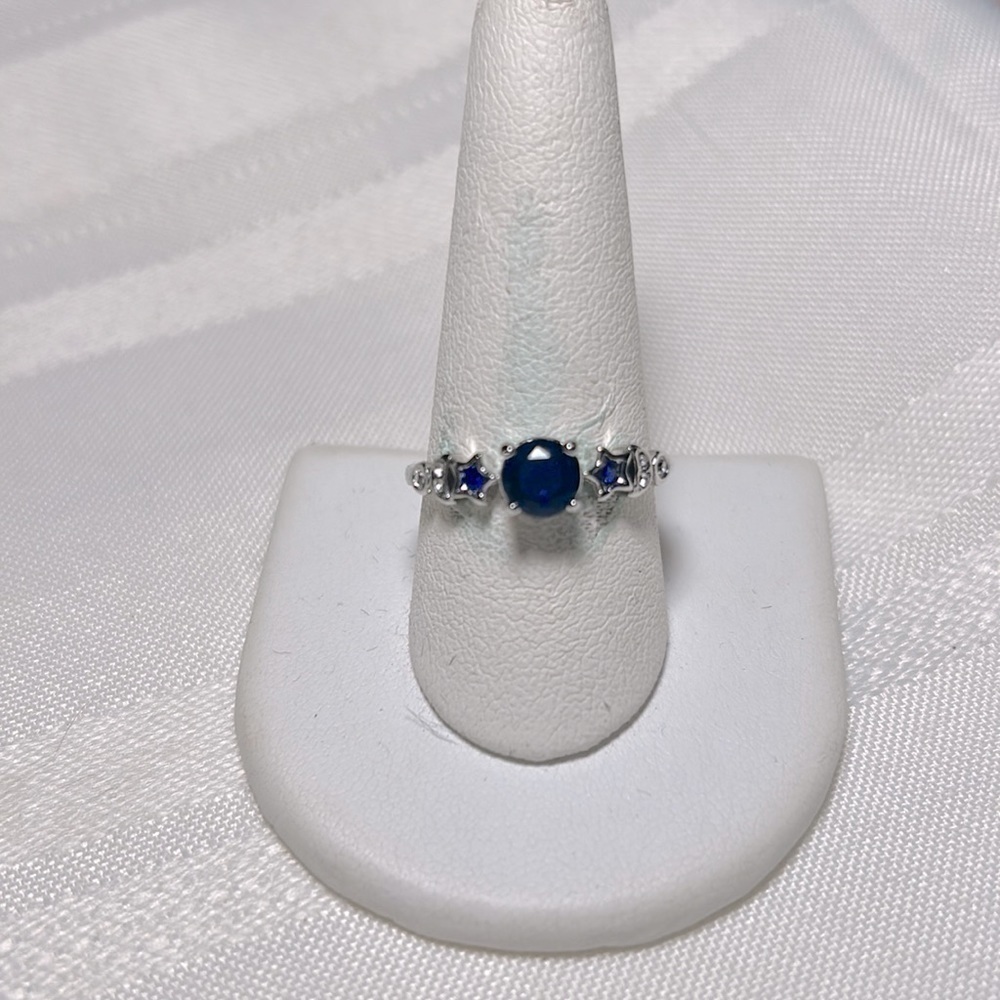 NEW silver tone ring, simulated blue sapphire stones in star shape on each side